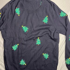 Talbots Navy Sweater with Festive Tree Design